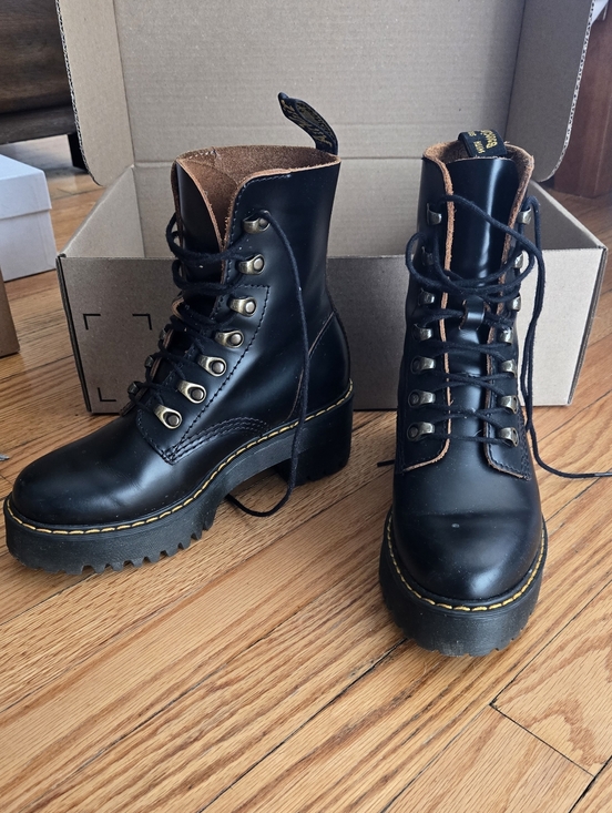Dr. Martens Shoes - Dr. Martens Leona Black Leather Lug Platform Lace-Up Boots